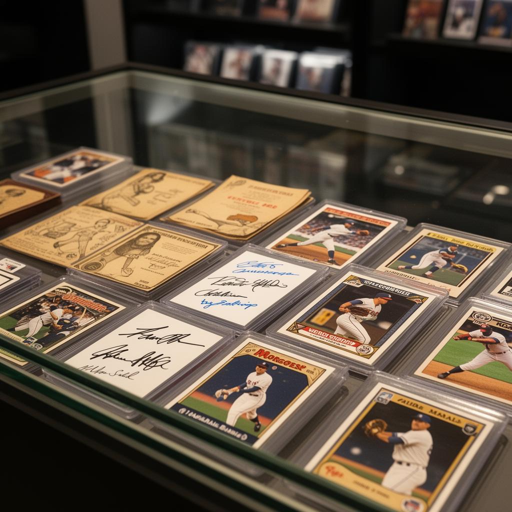 Signed cards and memorabilia in a glass display case
